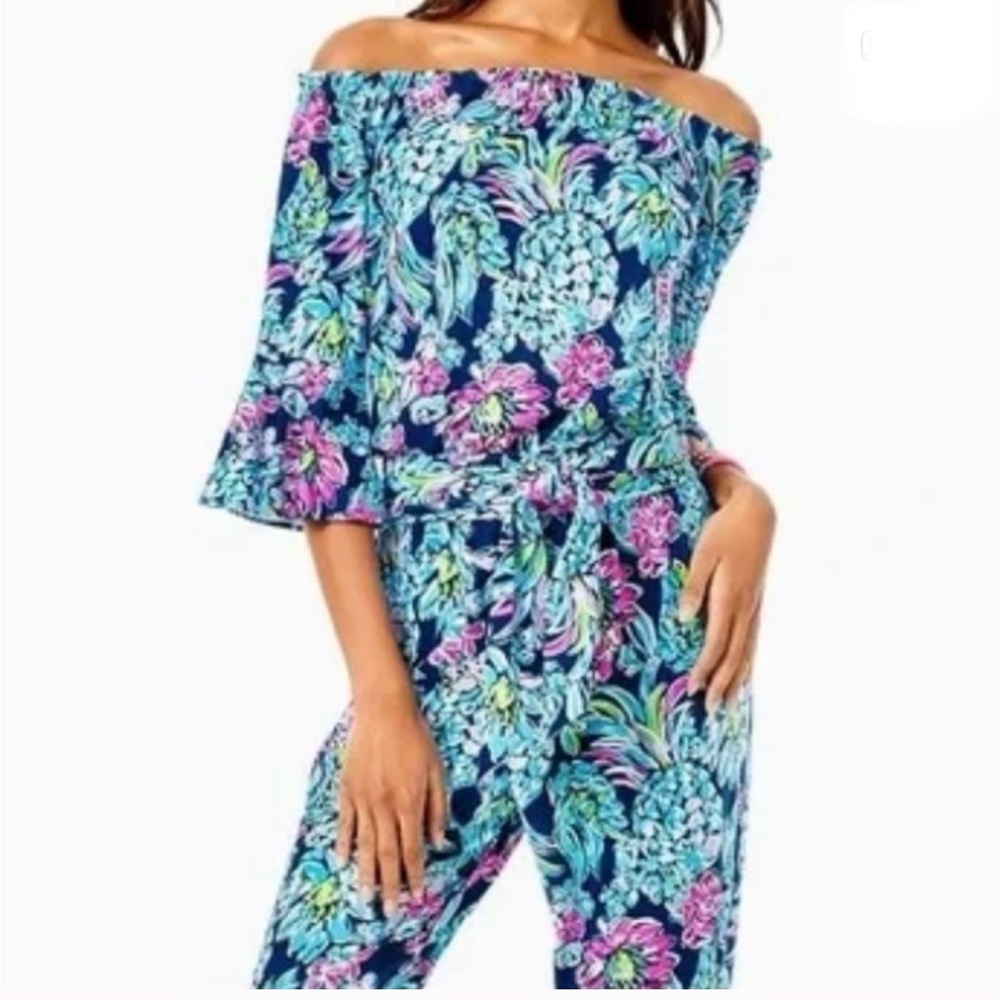 Lilly Pulitzer Navy Floral Off-Shoulder Jumpsuit - Picture 3 of 7